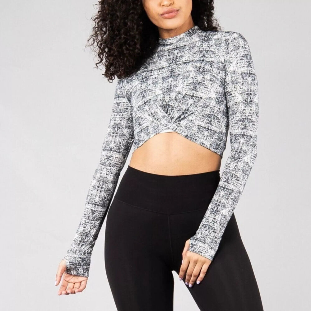 BuffBunny Knotty & Nice Crop Top Hustle Print Black White Long Sleeves Small